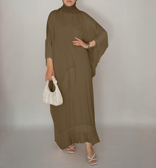 Seyma fringe maxi abaya dress in khaki - ANNAH HARIRI