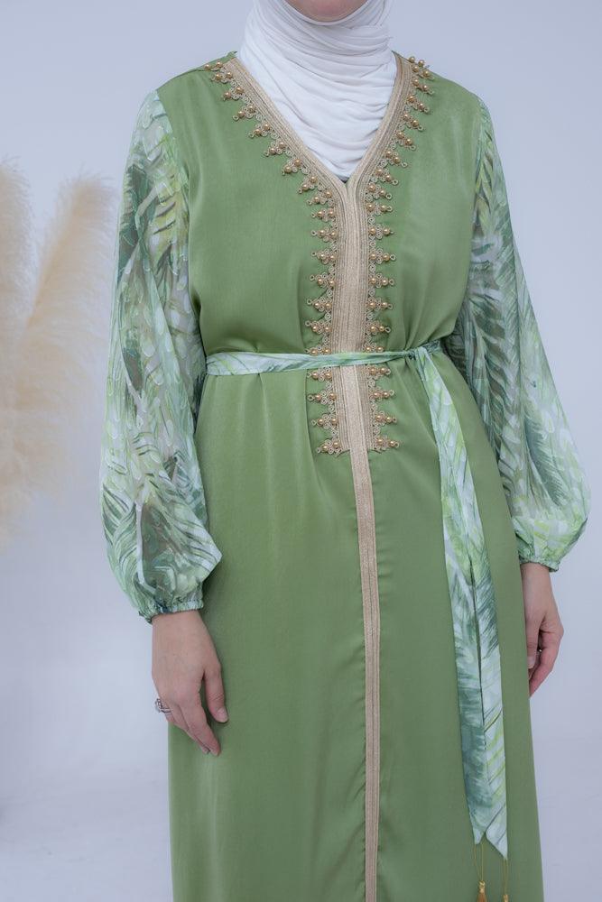 Sisters kaftan in mint green and contrast sleeve with beaded embroidery and detachable belt - ANNAH HARIRI