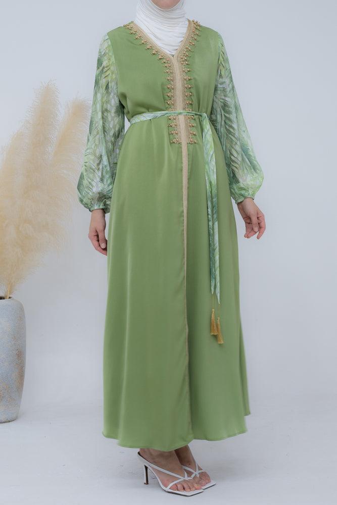 Sisters kaftan in mint green and contrast sleeve with beaded embroidery and detachable belt - ANNAH HARIRI