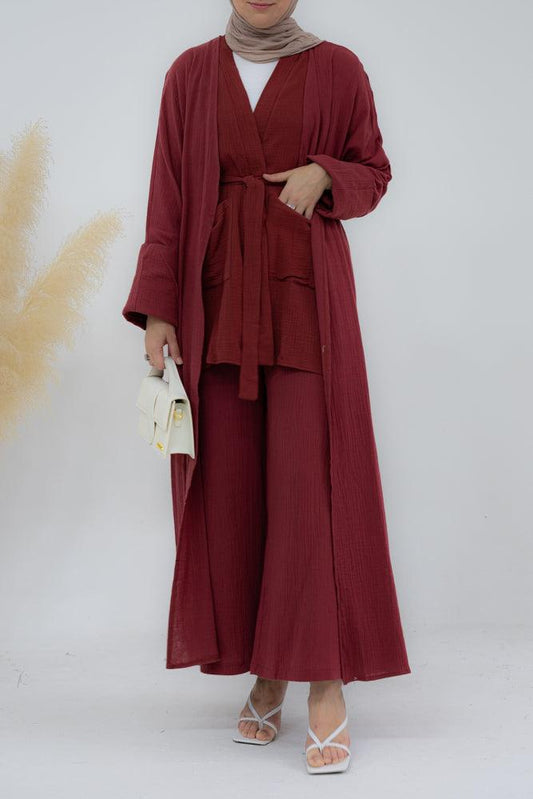 Top Marina pure cotton with pockets open front with belt in maroon - ANNAH HARIRI