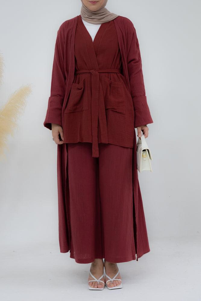 Top Marina pure cotton with pockets open front with belt in maroon - ANNAH HARIRI