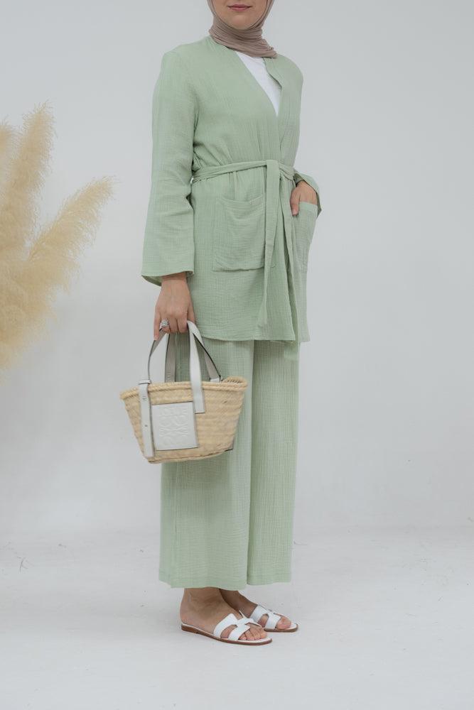 Top Marina pure cotton with pockets open front with belt in mint green - ANNAH HARIRI