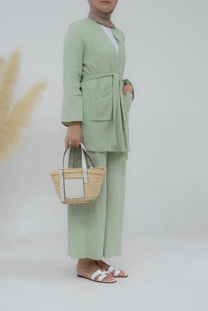 Top Marina pure cotton with pockets open front with belt in mint green - ANNAH HARIRI