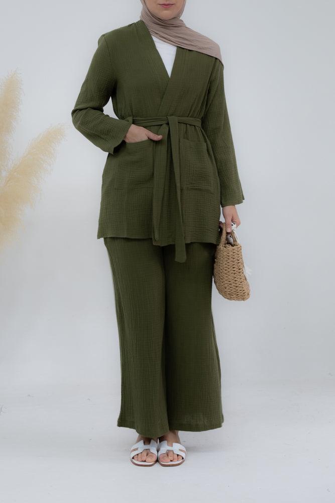 Top Marina pure cotton with pockets open front with belt in olive green - ANNAH HARIRI