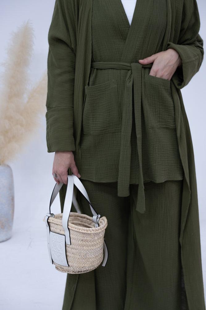 Top Marina pure cotton with pockets open front with belt in olive green - ANNAH HARIRI