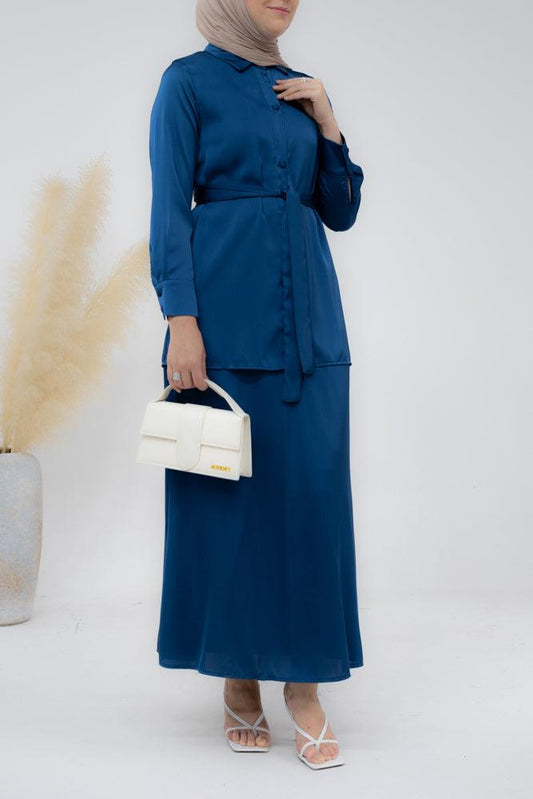 Turquoise Blouse Skirt Modest set maxi skirt with elasticated waistband maxi sleeve buttoned shirt with a detachable belt - ANNAH HARIRI