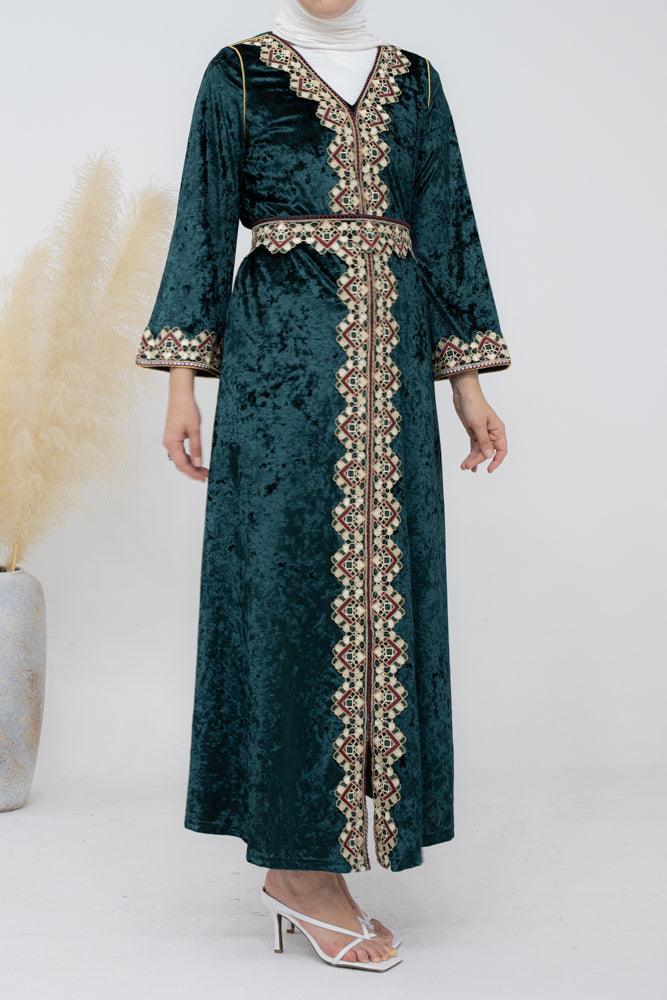 Velvet Women's Embroidered Straight cut Kaftan in Dark Green - ANNAH HARIRI