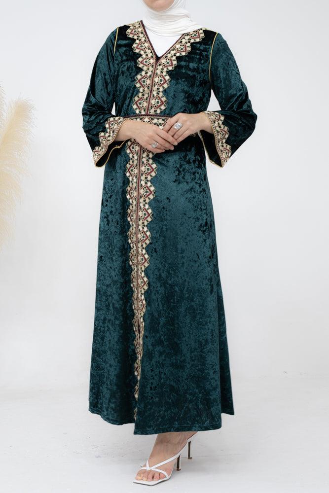 Velvet Women's Embroidered Straight cut Kaftan in Dark Green - ANNAH HARIRI