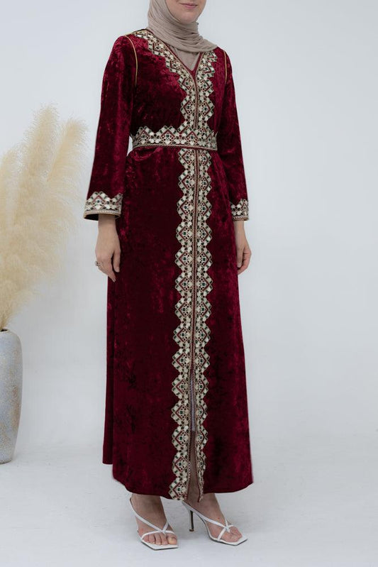 Velvet Women's Embroidered Straight cut Kaftan in Red - ANNAH HARIRI