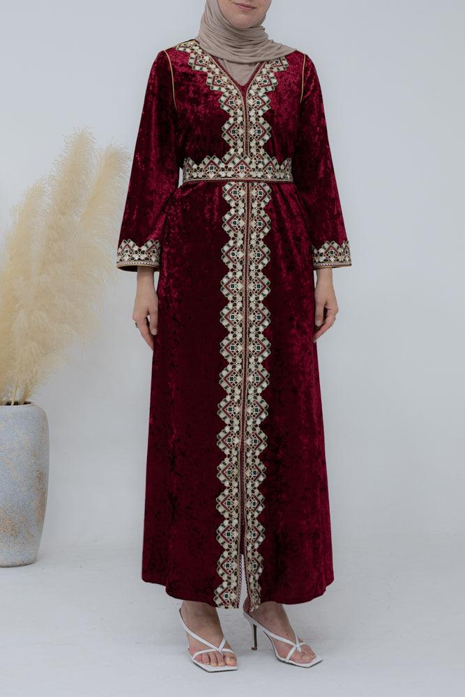 Velvet Women's Embroidered Straight cut Kaftan in Red - ANNAH HARIRI