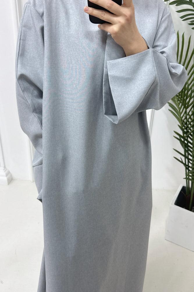Yakamoz Straight Cut Classic Maxi Dress Abaya with slit cuffs in Light Gray - ANNAH HARIRI