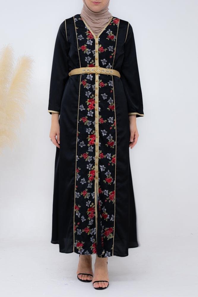Zarel classic kaftan dress in black and ditsy floral with a detachable belt and v-neck - ANNAH HARIRI