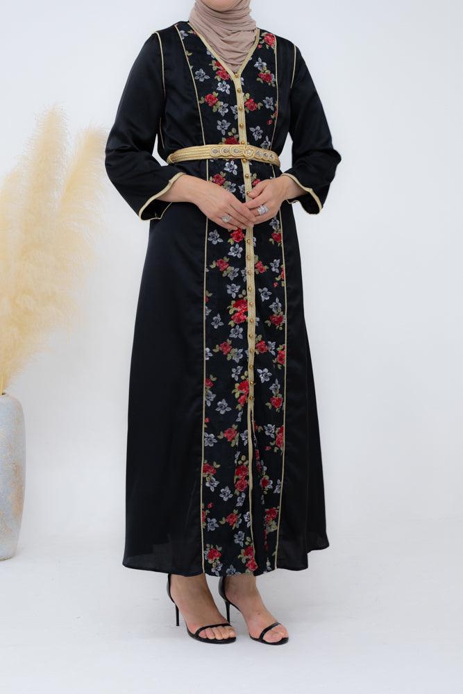 Zarel classic kaftan dress in black and ditsy floral with a detachable belt and v-neck - ANNAH HARIRI
