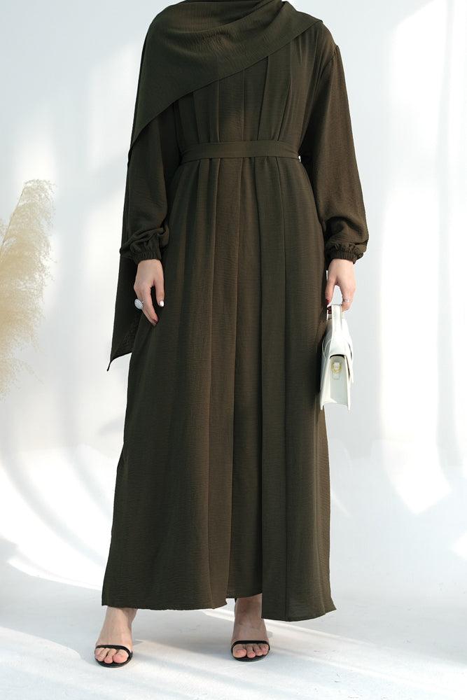Zari Three piece set abaya with inner sleeveless dress throw over abaya belt and scarf in green - ANNAH HARIRI