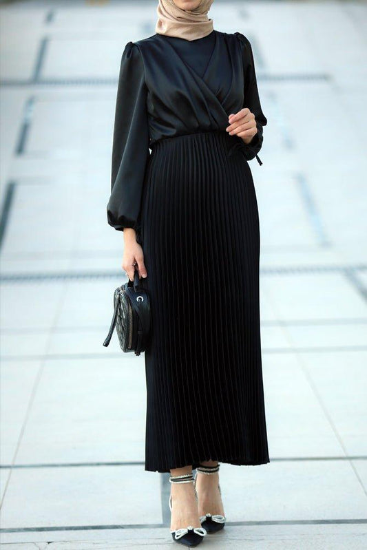 Abigal satin pleated long sleeve maxi dress with wrap waist in black - ANNAH HARIRI