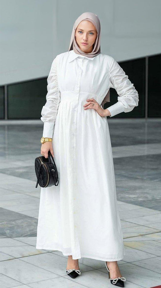 Alltaa maxi white poplin dress lined with front button fastening and ruffled sleeve details long sleeved - ANNAH HARIRI
