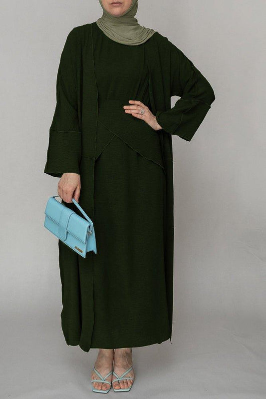 Army Green three piece maxi abaya with apron and inside out stitching - ANNAH HARIRI