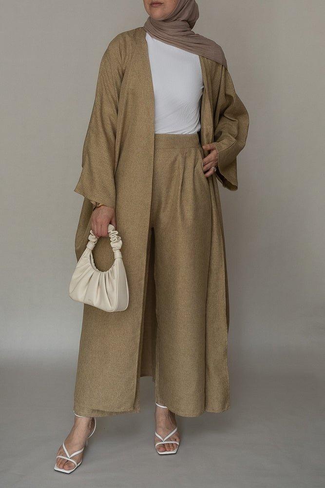 Aroa high waist wide leg palazzo trouser in khaki with pockets bisht fabric - ANNAH HARIRI