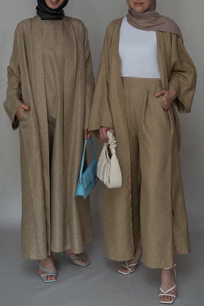 Aroa high waist wide leg palazzo trouser in khaki with pockets bisht fabric - ANNAH HARIRI