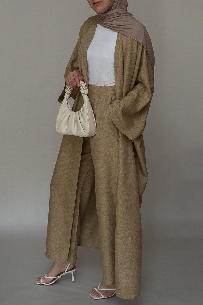 Aroa high waist wide leg palazzo trouser in khaki with pockets bisht fabric - ANNAH HARIRI