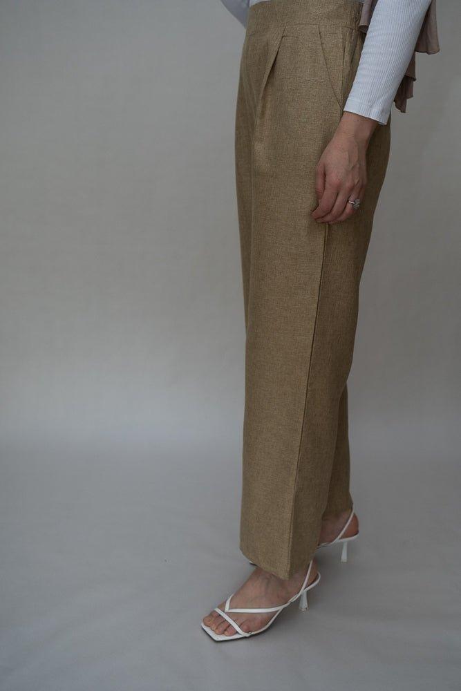 Aroa high waist wide leg palazzo trouser in khaki with pockets bisht fabric - ANNAH HARIRI