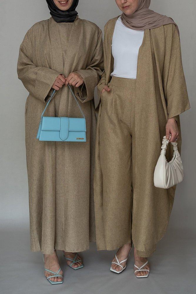 Aroa high waist wide leg palazzo trouser in khaki with pockets bisht fabric - ANNAH HARIRI