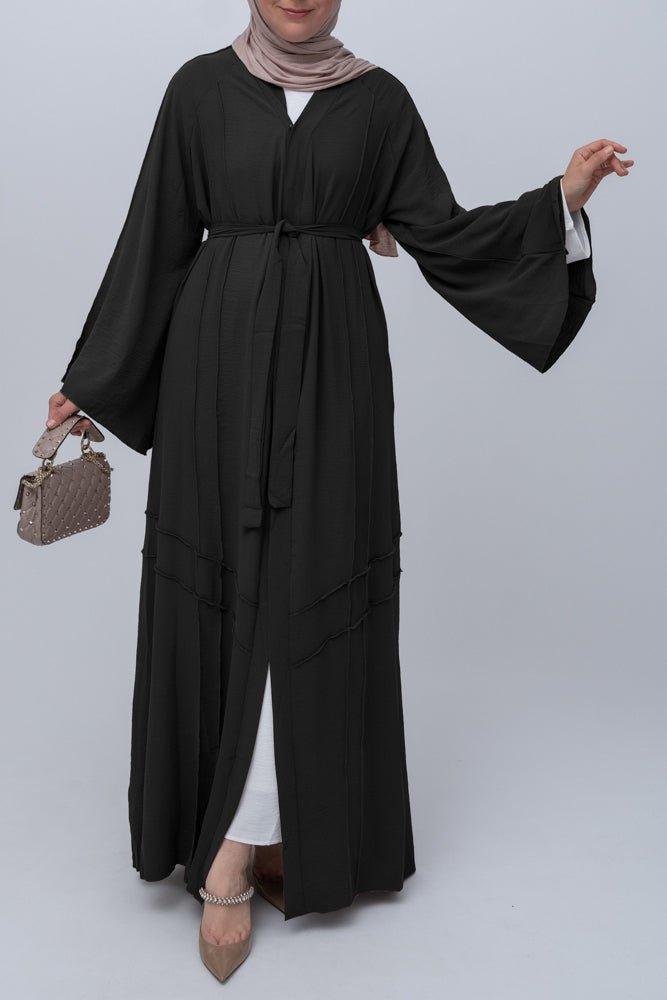 Black Cintia lightweight abaya throw over with a belt and piping details with maxi kimono sleeves - ANNAH HARIRI