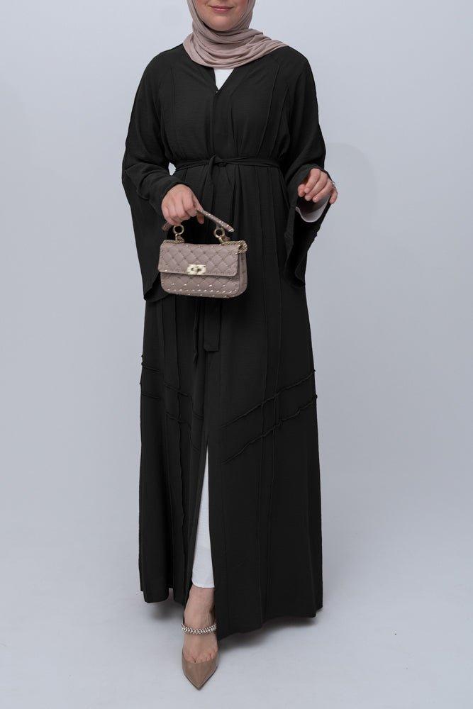 Black Cintia lightweight abaya throw over with a belt and piping details with maxi kimono sleeves - ANNAH HARIRI