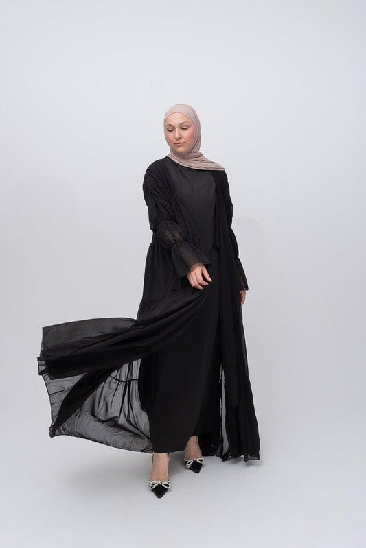 Black Lurdes Chiffon Abaya Throw over with front tie knot detail - ANNAH HARIRI