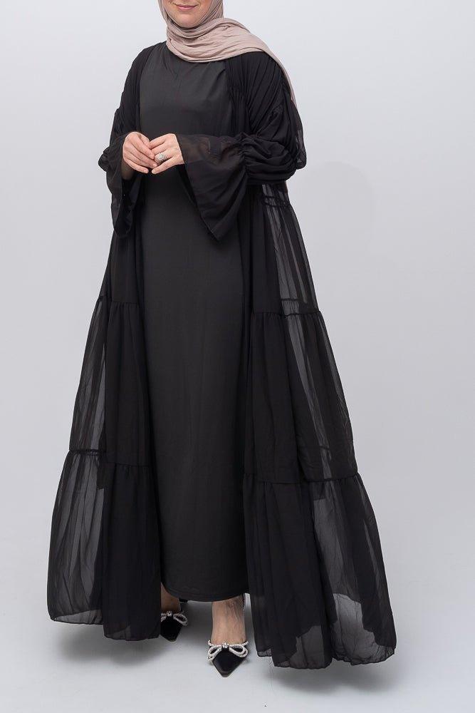 Black Lurdes Chiffon Abaya Throw over with front tie knot detail - ANNAH HARIRI