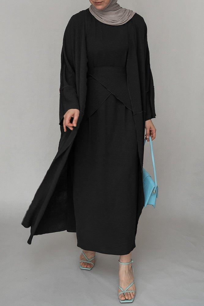 Black three piece maxi abaya with apron and inside out stitching - ANNAH HARIRI