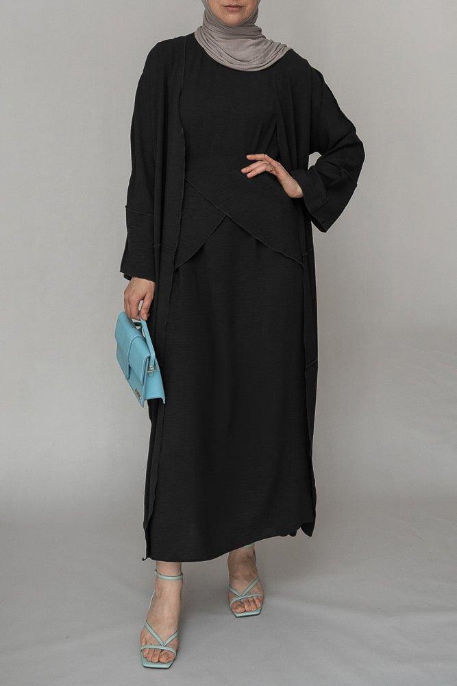 Black three piece maxi abaya with apron and inside out stitching - ANNAH HARIRI