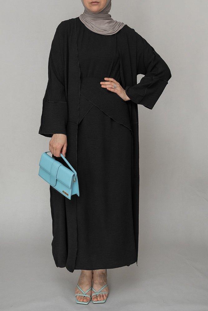 Black three piece maxi abaya with apron and inside out stitching - ANNAH HARIRI