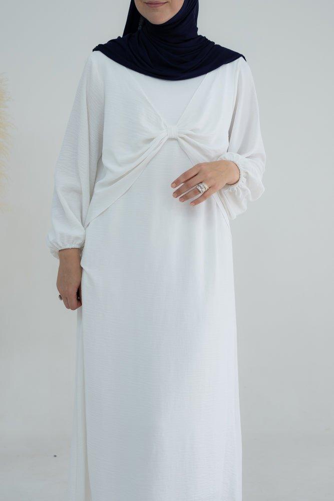 Bow Bodice maxi slip dress with long sleeve in white - ANNAH HARIRI