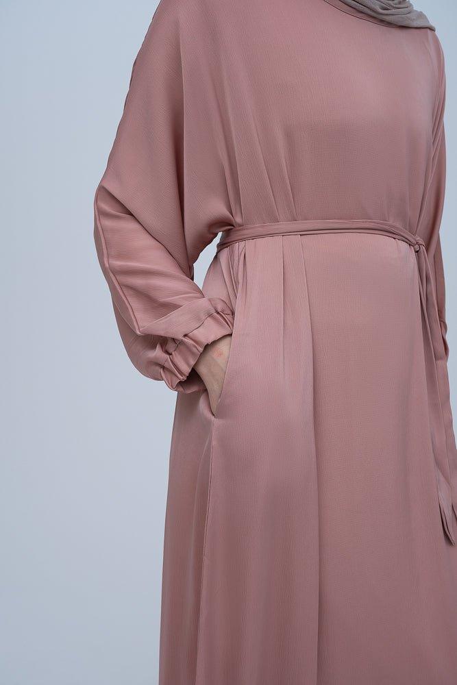 Brontei satin plain abaya dress with long elasticated sleeves and belt - ANNAH HARIRI