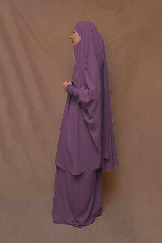 Dark Purple Moira prayer Umrah gown with niqab feature - ANNAH HARIRI