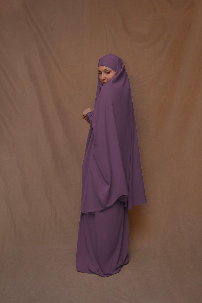 Dark Purple Moira prayer Umrah gown with niqab feature - ANNAH HARIRI