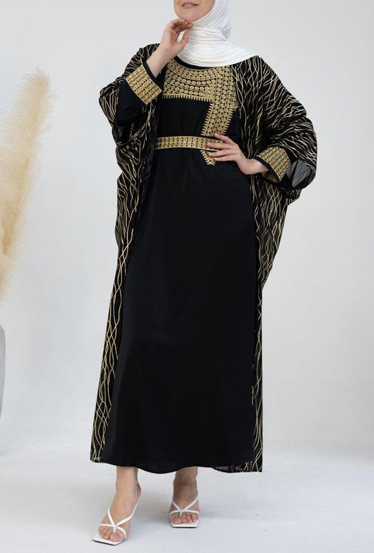 Fei Kaftan with embroidery and a chiffon throw over in black - ANNAH HARIRI