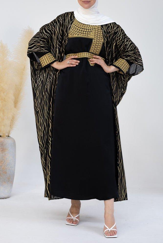 Fei Kaftan with embroidery and a chiffon throw over in black - ANNAH HARIRI