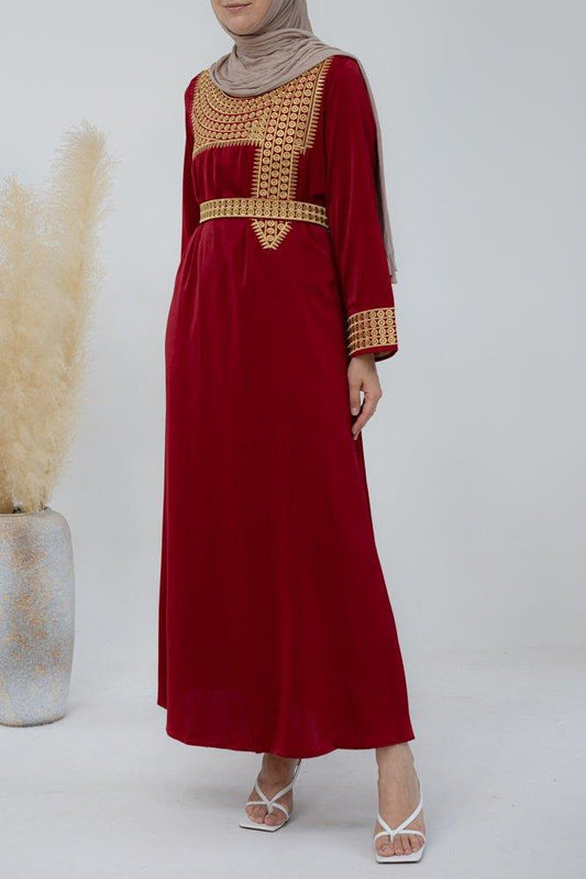 Fei Kaftan with embroidery and a chiffon throw over in red - ANNAH HARIRI