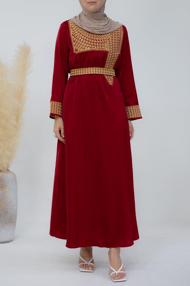 Fei Kaftan with embroidery and a chiffon throw over in red - ANNAH HARIRI