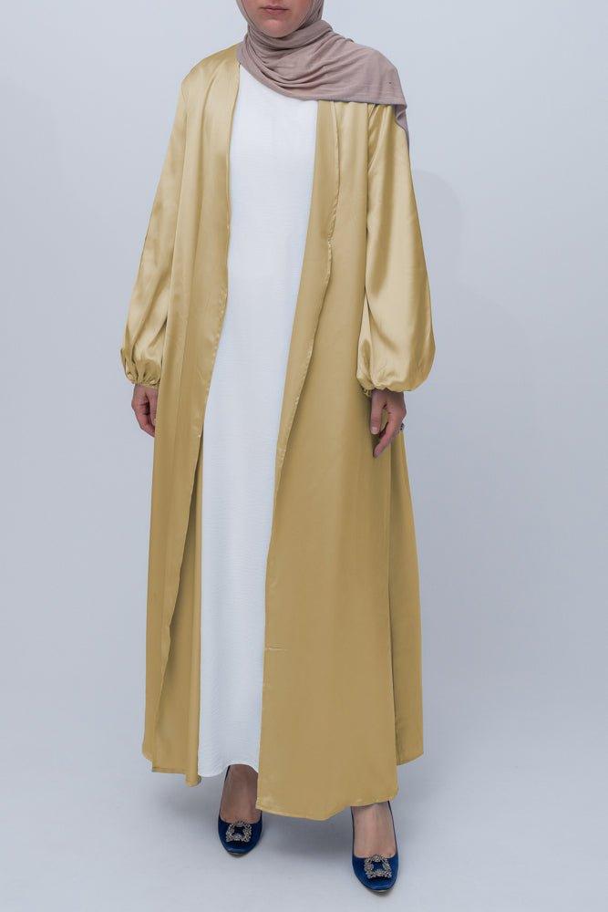 Gold Brontei open front abaya throw over with pockets and a detachable belt - ANNAH HARIRI