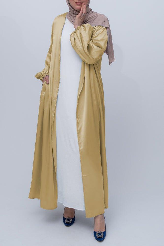 Gold Brontei open front abaya throw over with pockets and a detachable belt - ANNAH HARIRI