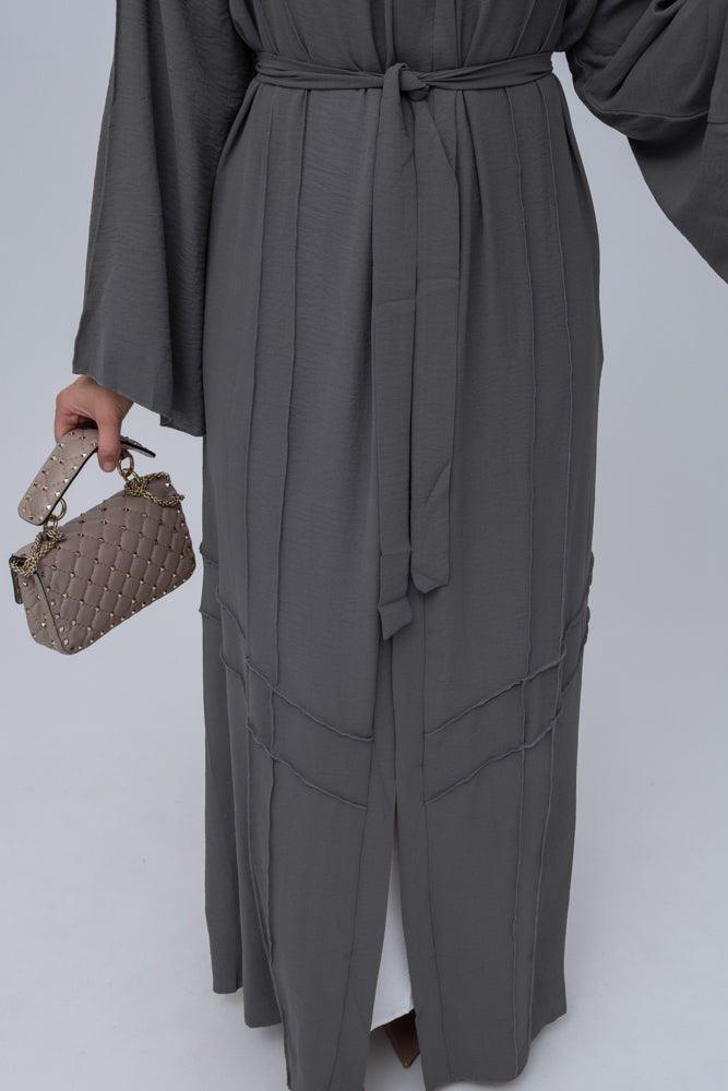 Gray Cintia lightweight abaya throw over with a belt and piping details with maxi kimono sleeves - ANNAH HARIRI
