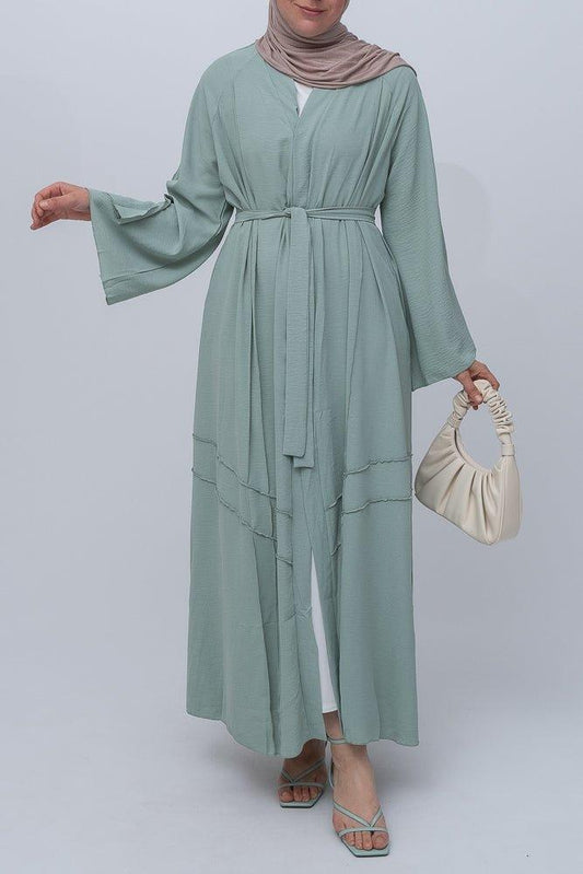 Green Cintia lightweight abaya throw over with a belt and piping details with maxi kimono sleeves - ANNAH HARIRI