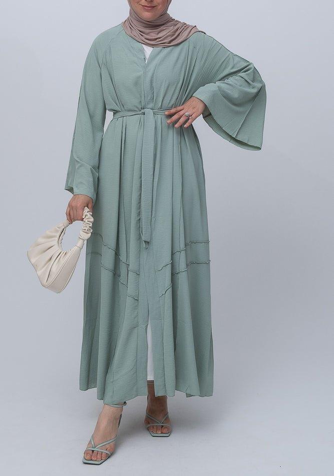 Green Cintia lightweight abaya throw over with a belt and piping details with maxi kimono sleeves - ANNAH HARIRI