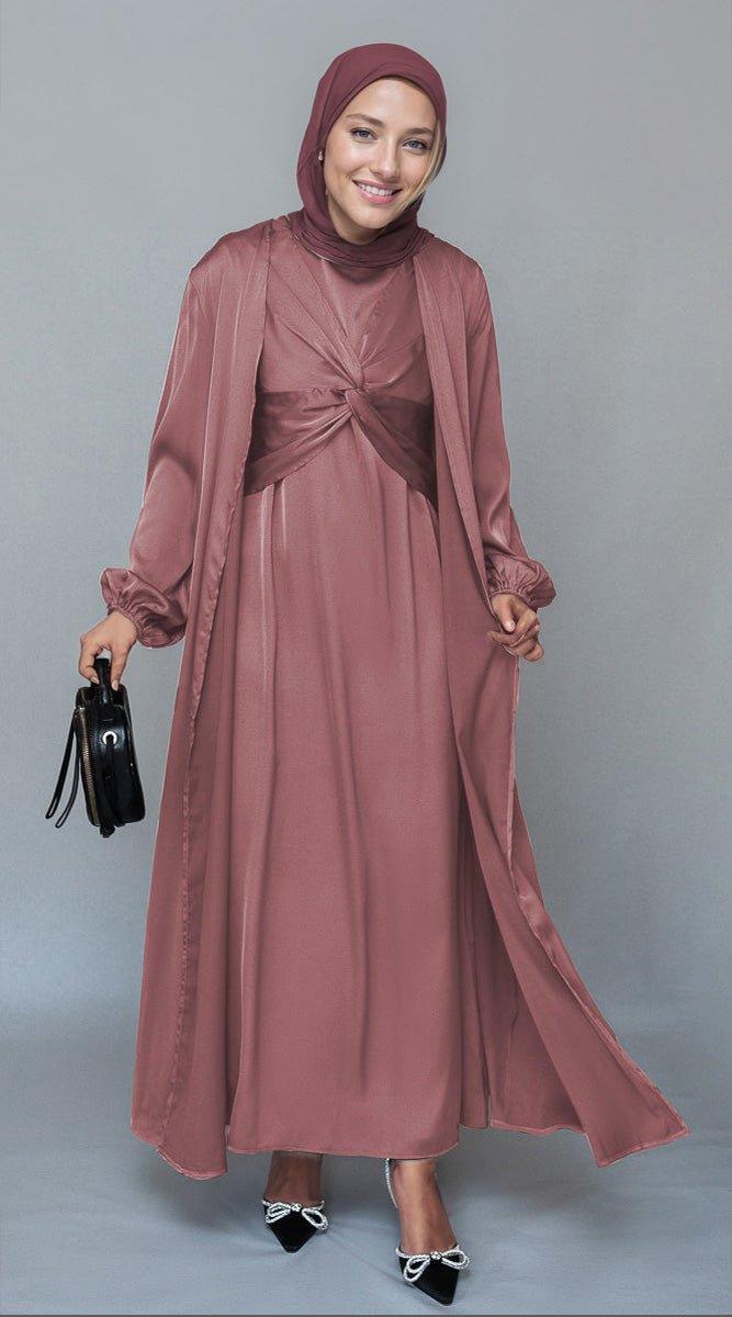 Gulstan 2 piece luxury 2 piece abaya with wrap bodice in pink - ANNAH HARIRI