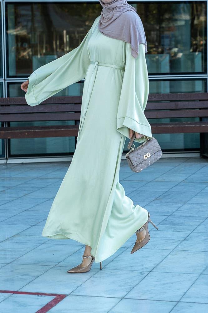 Jasina plain lightweight abaya with kimono long sleeve and belt in mint green - ANNAH HARIRI