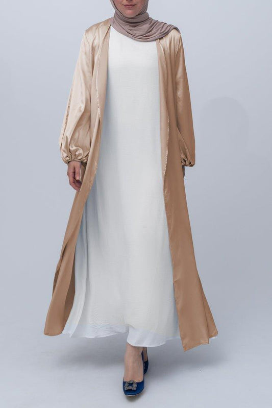 Khaki Brontei open front abaya throw over with pockets and a detachable belt - ANNAH HARIRI