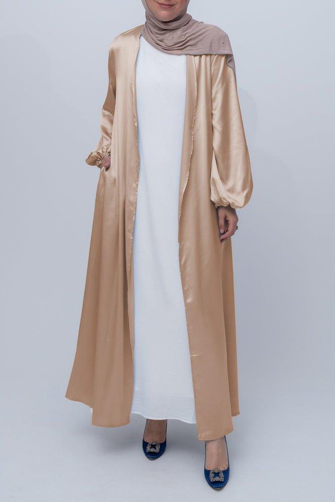 Khaki Brontei open front abaya throw over with pockets and a detachable belt - ANNAH HARIRI